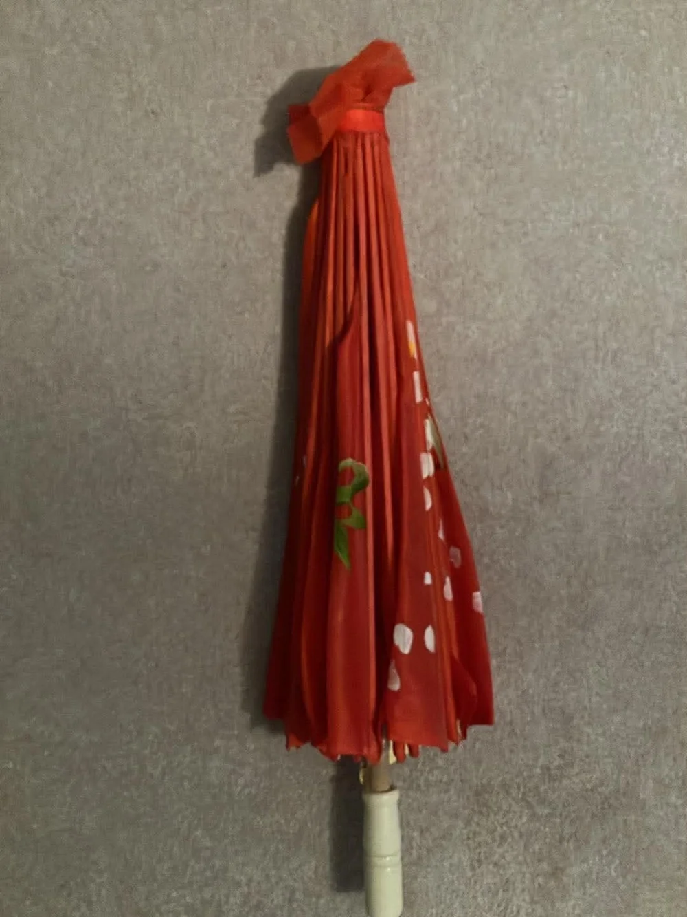 Red Floral Paper Parasol with Hand-Painted Blossoms Japanese - Picture 2 of 4